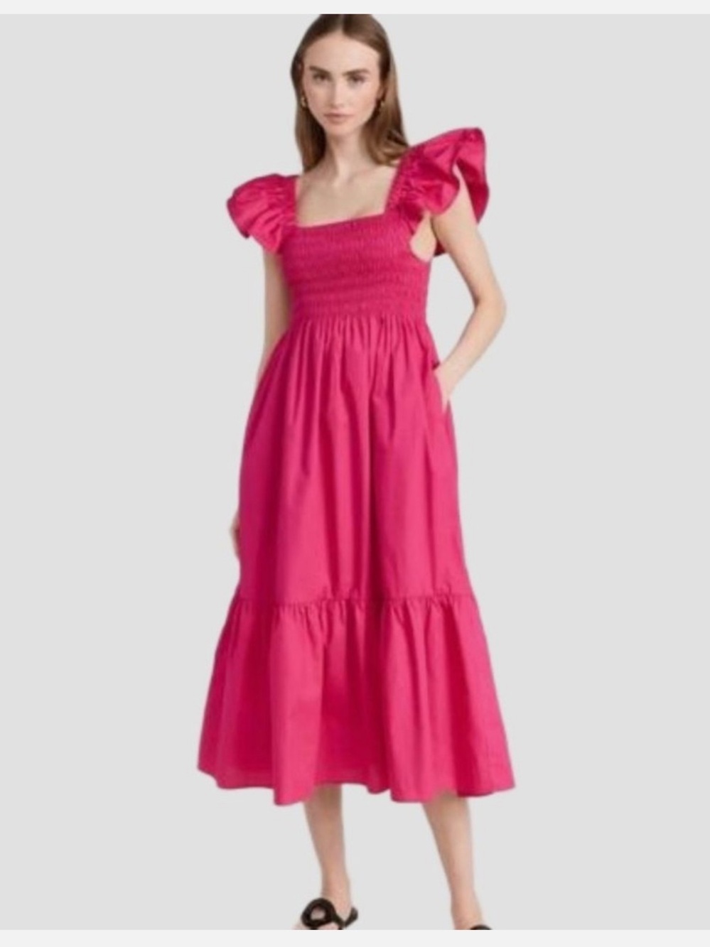 Shopbop o.p.t Fuchsia Smocked Midi Dress with Flutter Sleeves and Tiered Skirt